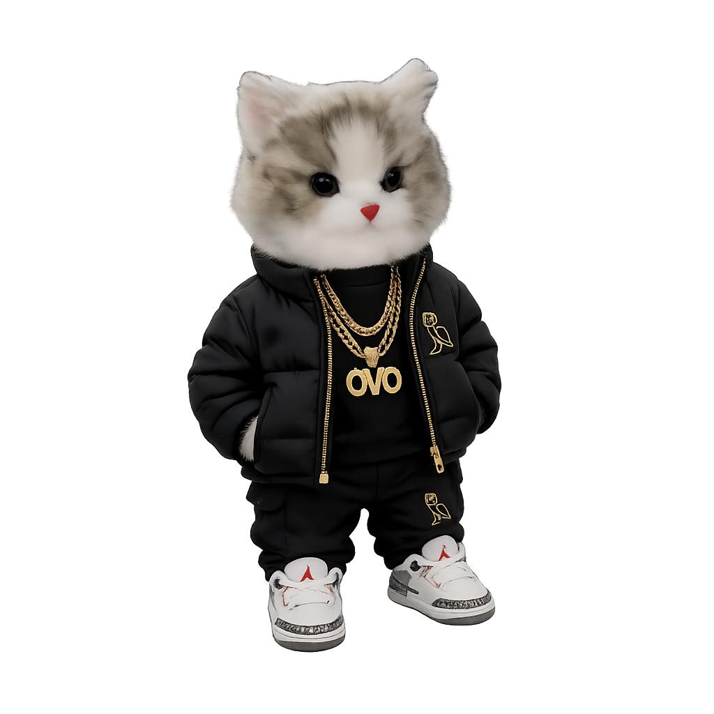 Miu, the drip cat in an OVO puffer and gold chains